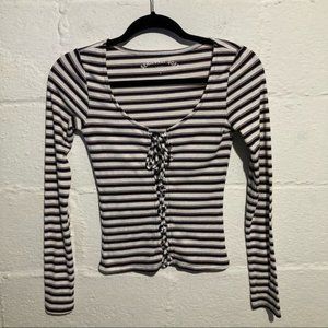 Aero Seriously Soft Striped Lace Up Long Sleeve Ribbed Tee - Size S